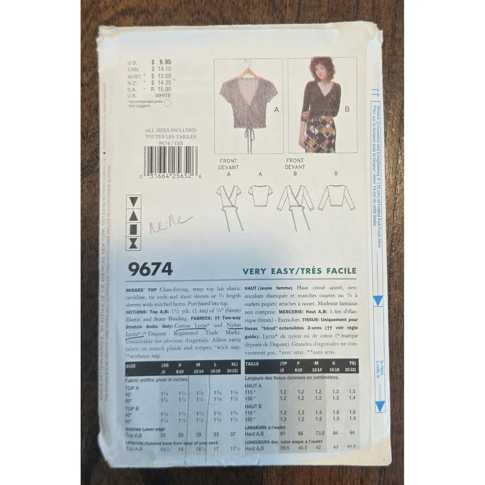 Vogue Basic Design Wrap Top Pattern V7876 Misses Size 6-10 UNCUT
